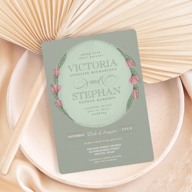 Elegant Sage Green Pink Floral Greenery Wedding Invitation (Creator Uploaded)