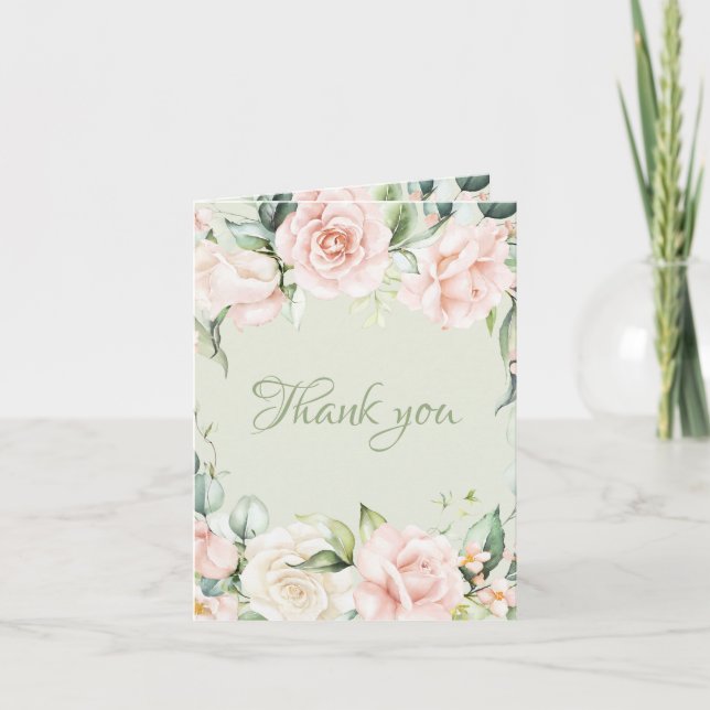 Elegant Sage Green Pink Floral Wedding Thank You Card (Front)