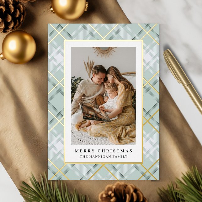 Elegant Sage Green Plaid Family Picture  Foil Holiday Card (Creator Uploaded)