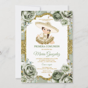 Elegant Sage Green Primera comunión CUTE Girl Gold Invitation