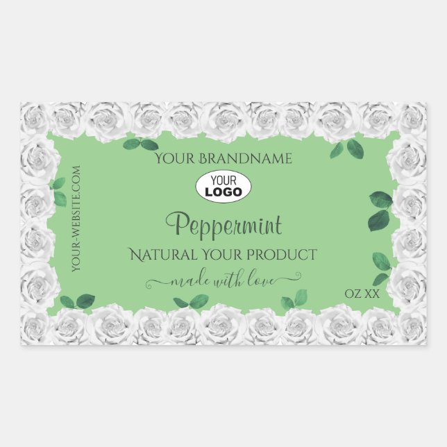 Elegant Sage Green Product Labels White Roses Logo (Front)