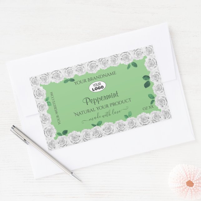Elegant Sage Green Product Labels White Roses Logo (Envelope)