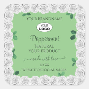Elegant Sage Green Product Labels White Roses Logo
