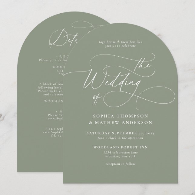 Elegant Sage Green QR Code All in one Arch Wedding Invitation (Front/Back)