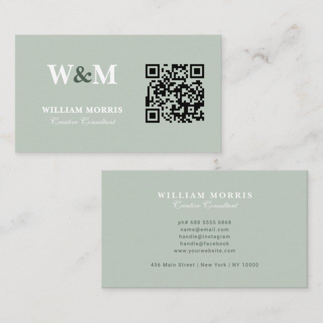 Elegant Sage Green QR Code Logo Template Business Card (Front/Back)