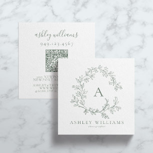 Elegant Sage Green QR Code Monogram Floral Crest  Square Business Card