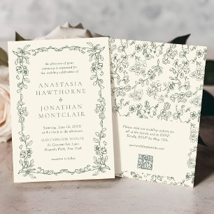 Elegant Sage Green QR Code RSVP Victorian Wedding Invitation