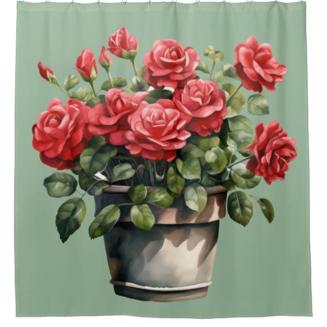 Elegant Sage Green Red Roses Shower Curtain (Front)