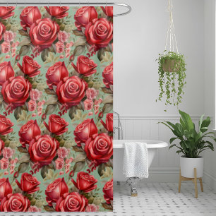 Elegant Sage Green Red Roses Shower Curtain