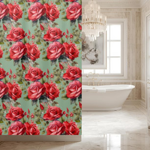 Elegant Sage Green Red Roses Shower Curtain