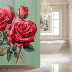 Elegant Sage Green Red Roses Shower Curtain