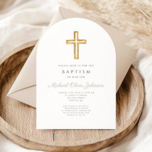 Elegant Sage Green Religious Cross Baptism Arch Invitation