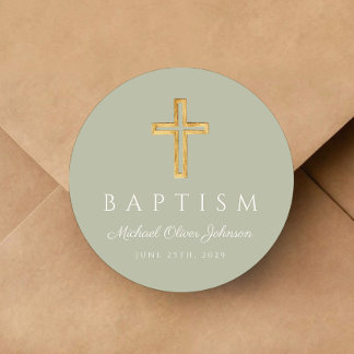 Elegant Sage Green Religious Cross Baptism Classic Round Sticker