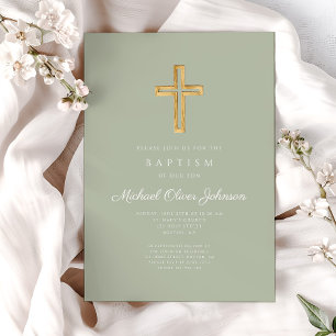 Elegant Sage Green Religious Cross Baptism Invitation