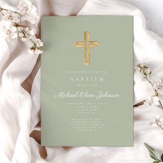 Elegant Sage Green Religious Cross Baptism Invitation