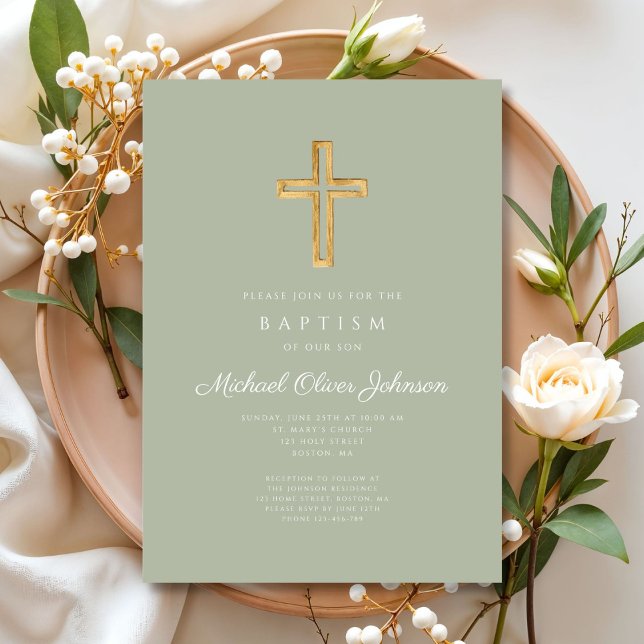 Elegant Sage Green Religious Cross Baptism Invitation (Sage Green Elegant Religious Cross Baptism Invitation)