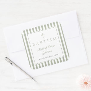 Elegant Sage Green Religious Cross Baptism Square Sticker