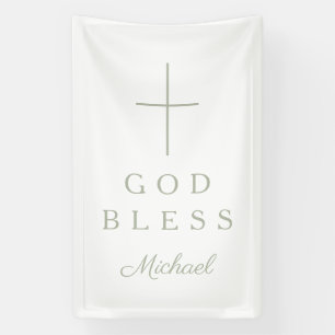 Elegant Sage Green Religious Cross Boy God Bless Banner