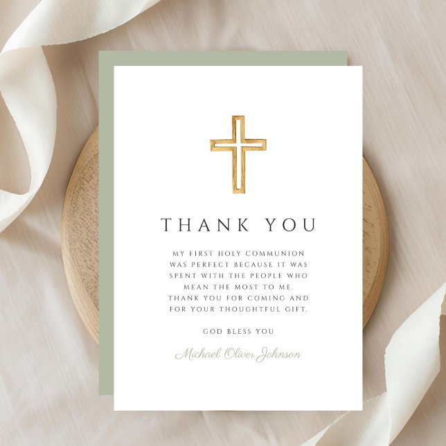 Elegant Sage Green Religious Cross First Communion Thank You Card (Elegant Sage Green Religious Cross First Communion Thank You Card)