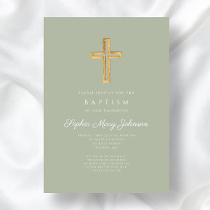 Elegant Sage Green Religious Cross Girl Baptism Invitation