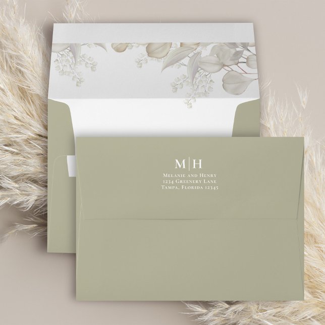 Elegant Sage Green Return Address Greenery Envelope (Elegant simple sage green envelope with return address printed on the back flap)