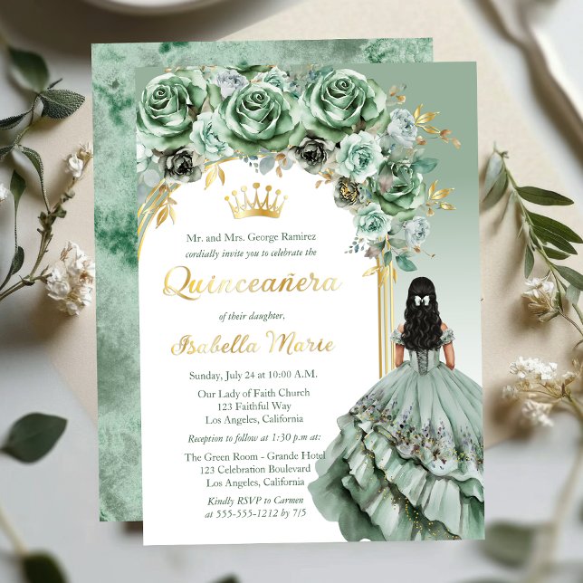 Elegant Sage Green Rose Floral Quinceañera Party (Elegant Sage Green Rose Floral Princess-Theme Brunette Dk Haired Quinceañera Foil Invitation)