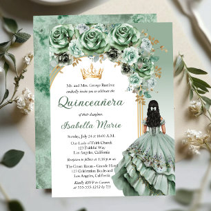 Elegant Sage Green Rose Floral Quinceañera Party Invitation