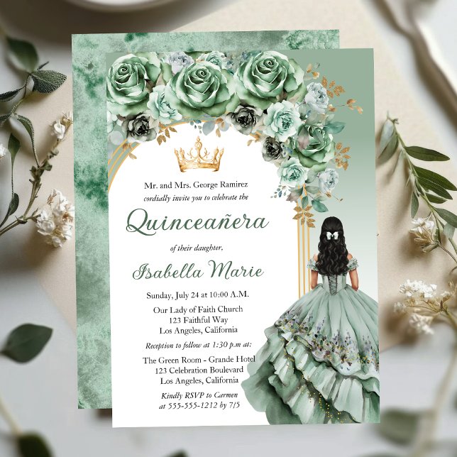 Elegant Sage Green Rose Floral Quinceañera Party Invitation (Elegant Sage Green Rose Floral Princess-Theme Brunette Dk Haired Quinceañera Invitation)