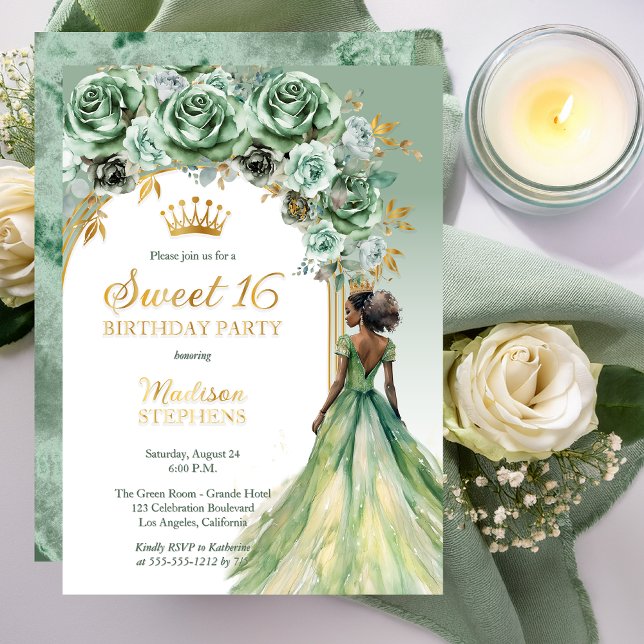 Elegant Sage Green Rose Floral Sweet 16 Party (Elegant Sage Green Rose Floral Sweet 16 Party Gold Foil Invitation)