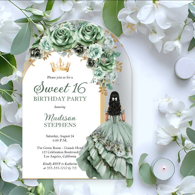Elegant Sage Green Rose Floral Sweet 16 Party Acrylic Invitations (Elegant Sage Green Rose Floral Princess-Theme Brunette Sweet 16 Birthday Acrylic Invitation )