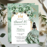 Elegant Sage Green Rose Floral Sweet 16 Party Invitation<br><div class="desc">Elegant and classy sage green with gold-tone accents floral bough combined with an arched panel on a faded sage green background "Sweet 16" birthday party design. Features a dark brown to black-haired brunette beauty in a flowing sage-coloured ball gown and a faux alcohol and ink marbled back. Composite design by...</div>