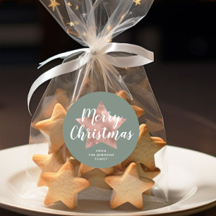 Elegant Sage Green Rose Gold Star Christmas Classic Round Sticker
