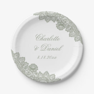 Elegant Sage Green Rustic Floral Lace Wedding Paper Plate
