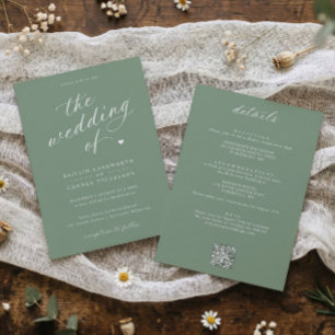 Elegant Sage Green Script All in One Wedding Invitation