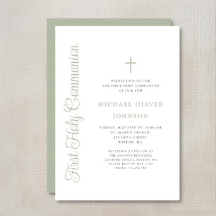 Elegant Sage Green Script Boy First Communion Invitation