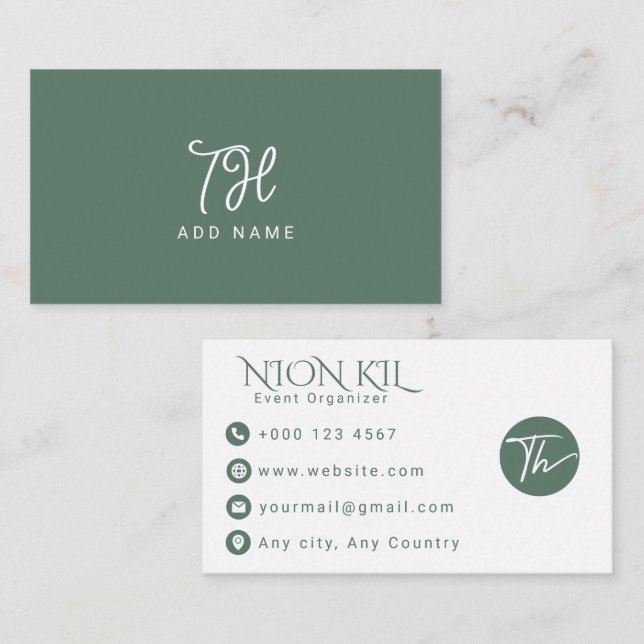 Elegant Sage Green Script Event Planner Business Card (Front/Back)