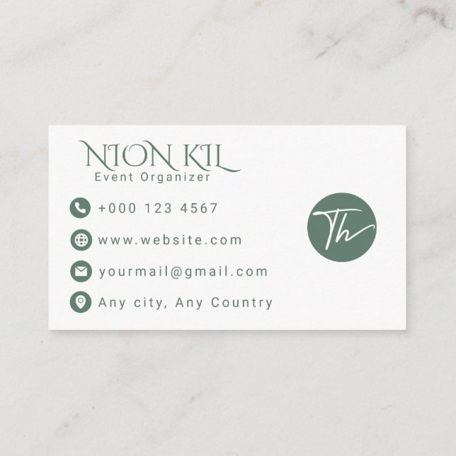 Elegant Sage Green Script Event Planner Business Card (Back)