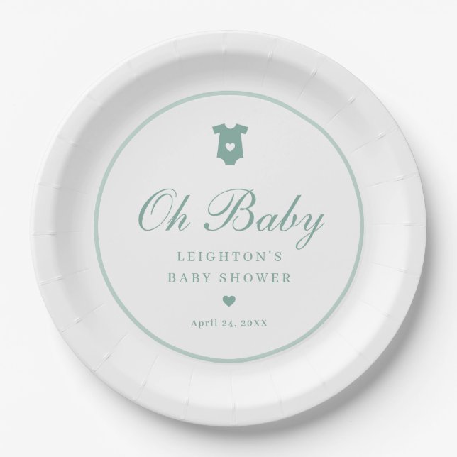 Elegant Sage Green Script Girls Oh Baby Shower  Paper Plate (Front)