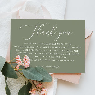 Elegant sage green script minimalist wedding thank you card