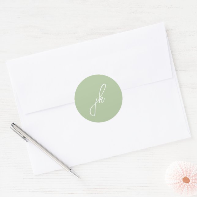 Elegant Sage Green Script Monogram Wedding Classic Round Sticker (Envelope)