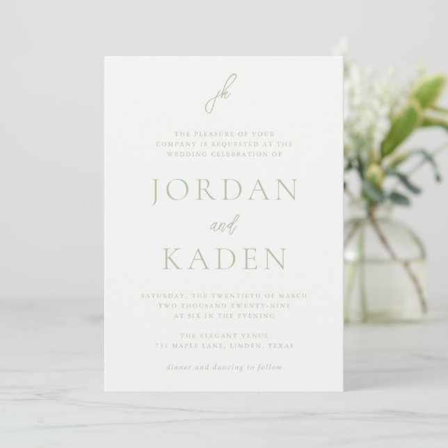 Elegant Sage Green Script Monogram Wedding Invitation (Standing Front)