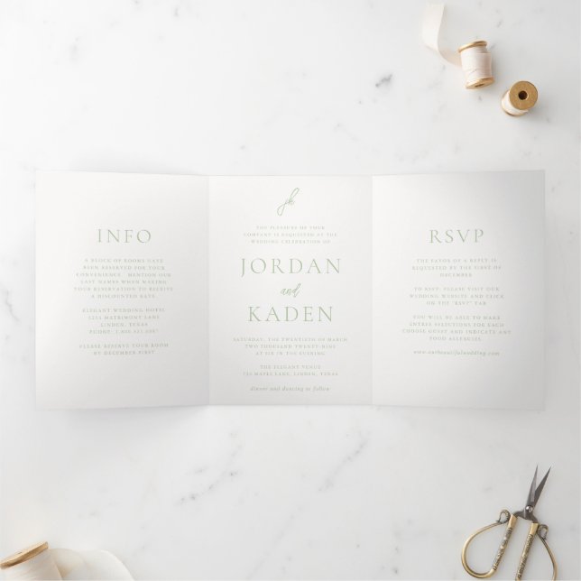 Elegant Sage Green Script Monogram Wedding Tri-Fold Invitation (Inside)