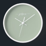 Elegant sage green script name large clock<br><div class="desc">Modern clock with a sage green background and a hand lettered white girly script name. Personalise with your name</div>