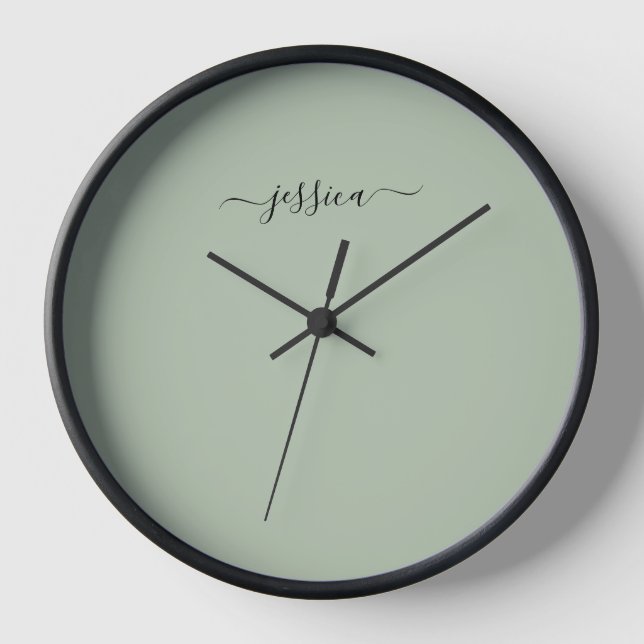 Elegant sage green script name large clock (Front)
