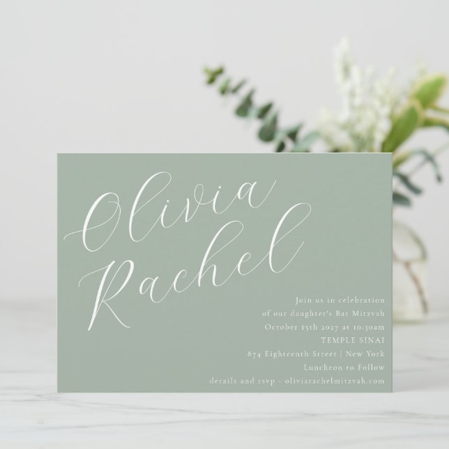 Elegant Sage Green Script Name Minimal Bat Mitzvah Invitation (Standing Front)