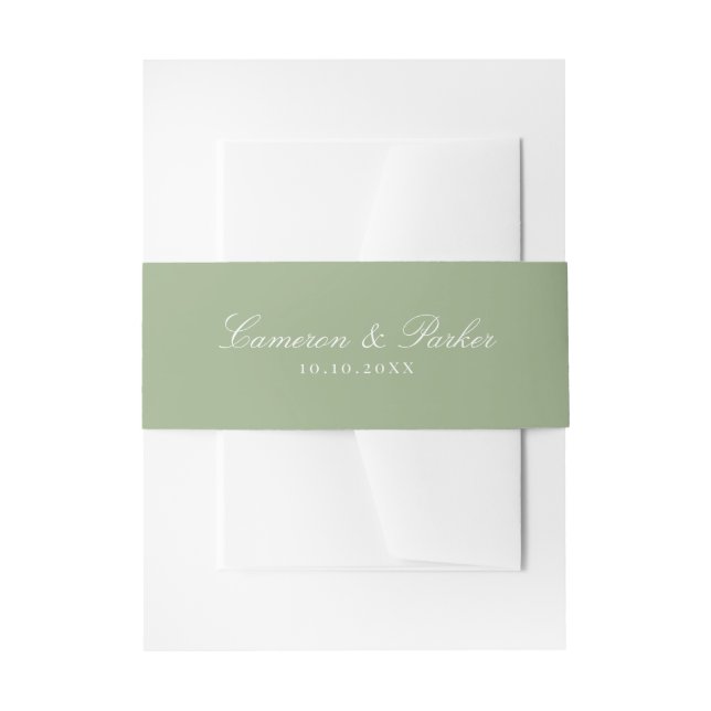Elegant Sage Green Script Names Wedding Invitation Belly Band (Front Example)