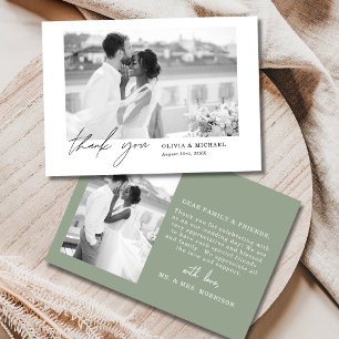 Elegant Sage Green Script Photo Wedding Thank You Card
