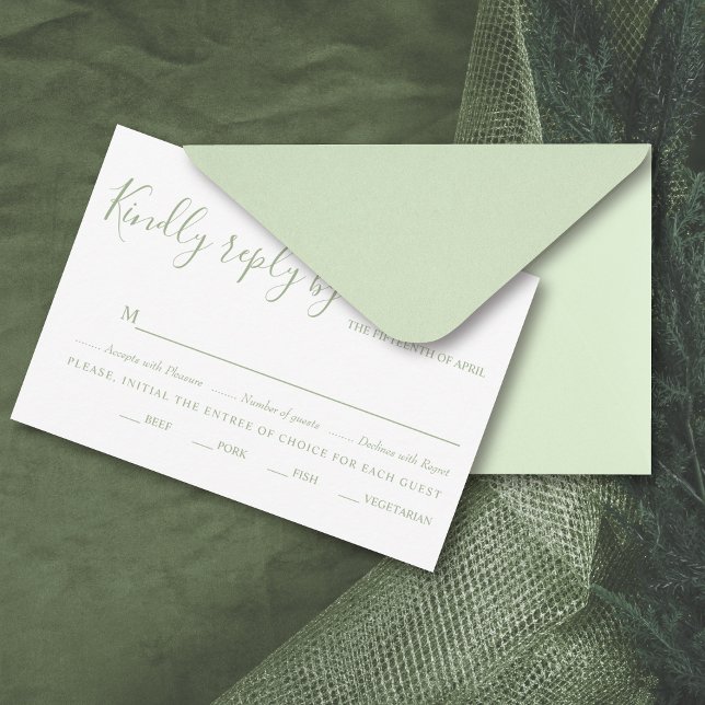 Elegant sage green script typography wedding RSVP card (Creator Uploaded)