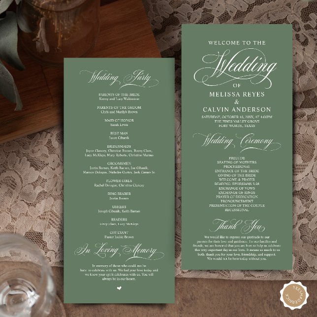 Elegant Sage Green Script Wedding Ceremony Program (Elegant Classic Sage Green Script Wedding Ceremony Program Card)
