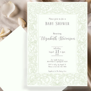 Elegant Sage Green Scrollwork Baby Shower Invitation
